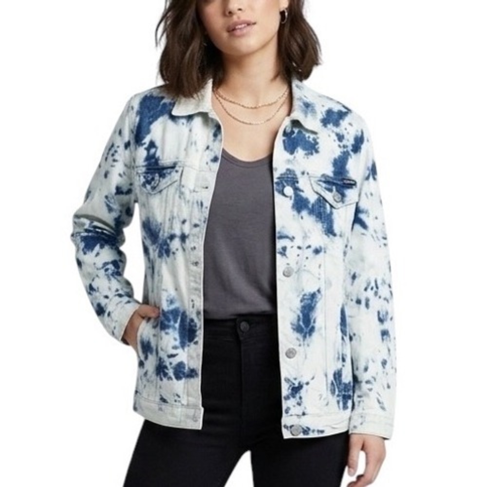 Refuge Denim Blue White Tie Dye Trucker Jacket Festival Boho Women Large NWT